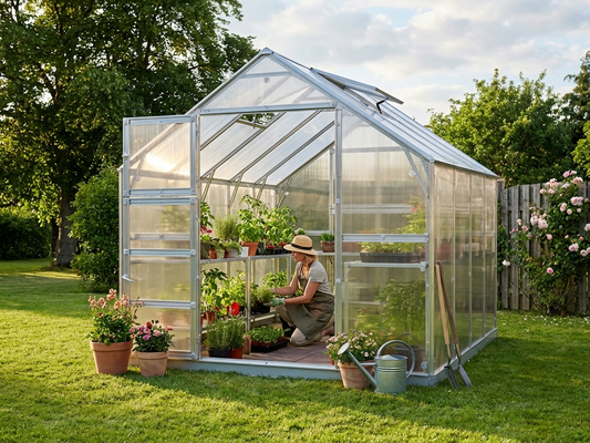 Silver greenhouse with polycarbonate panels and steel frame for outdoor use - product detail