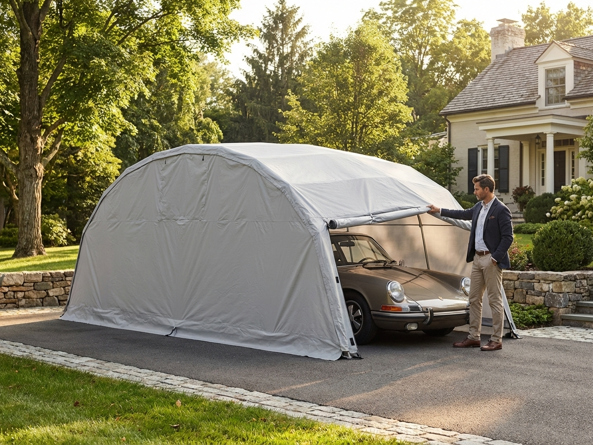 Folding garage with steel frame and grey fabric, ideal for outdoor car storage - view 3