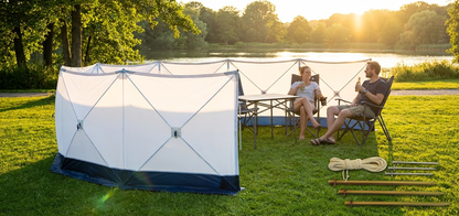 Safety screen in white and blue, 7.2x1.8 m, portable shelter