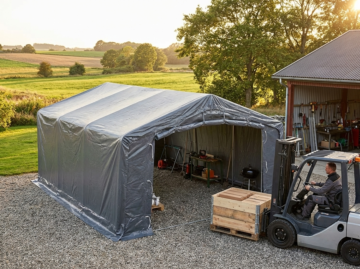 PVC storage shelter with a durable galvanised steel frame in grey, 5x8m - view 3