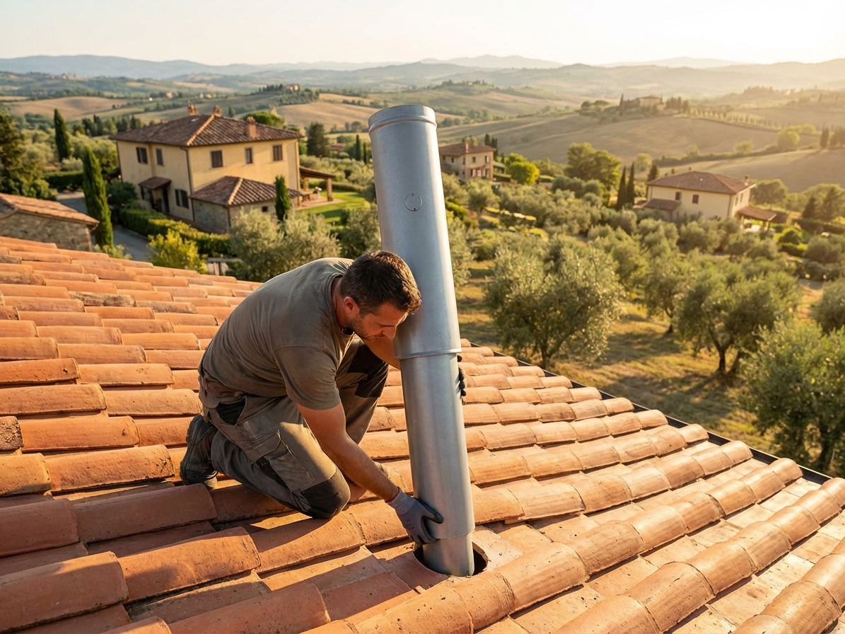 Grey roof pipe made from powder-coated steel for industrial use