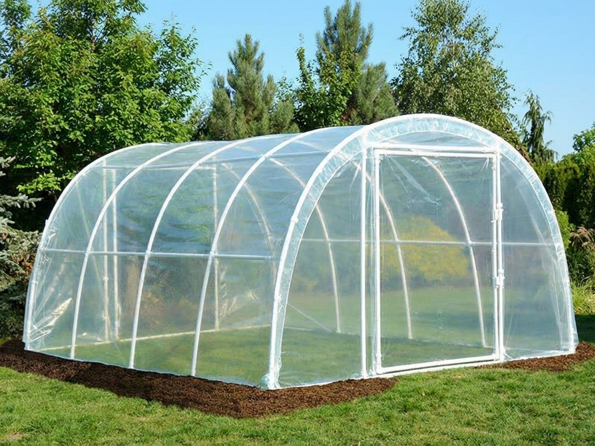 Polytunnel greenhouse with transparent foil and plastic frame