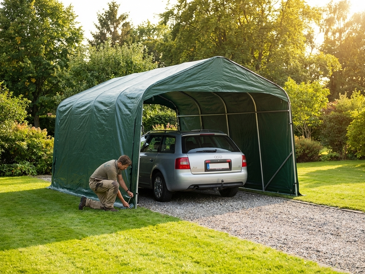 Portable green garage made from PVC for outdoor storage