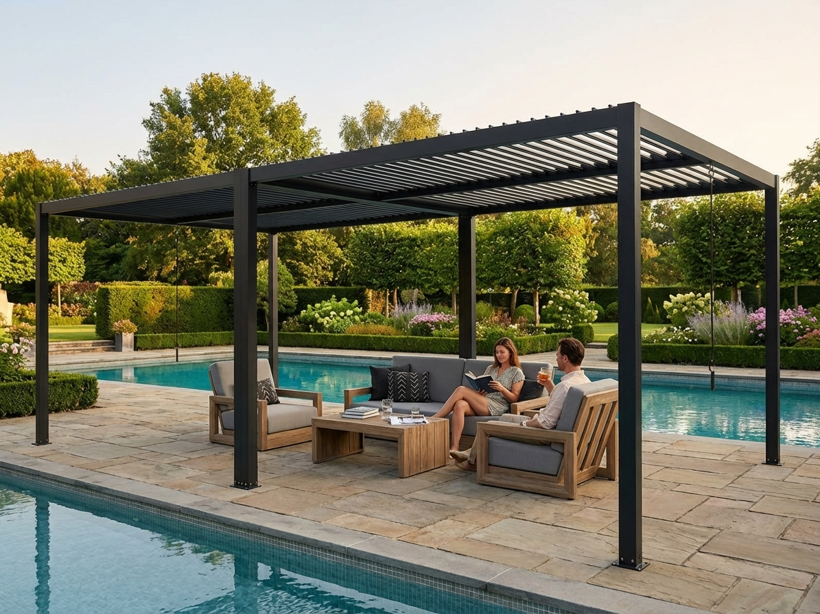 Bioclimatic pergola gazebo in black, 4x4 m, aluminium frame - product detail