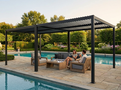 Bioclimatic pergola gazebo in black, 4x4 m, aluminium frame - product detail