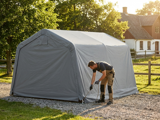 Grey roof cover for portable garage, made of polyethylene