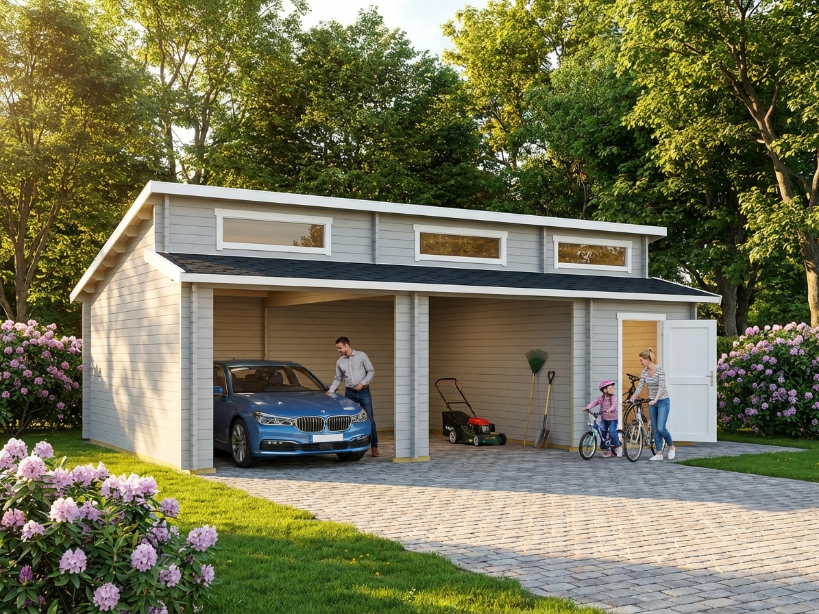 Wooden double garage in light grey made from Nordic Spruce
