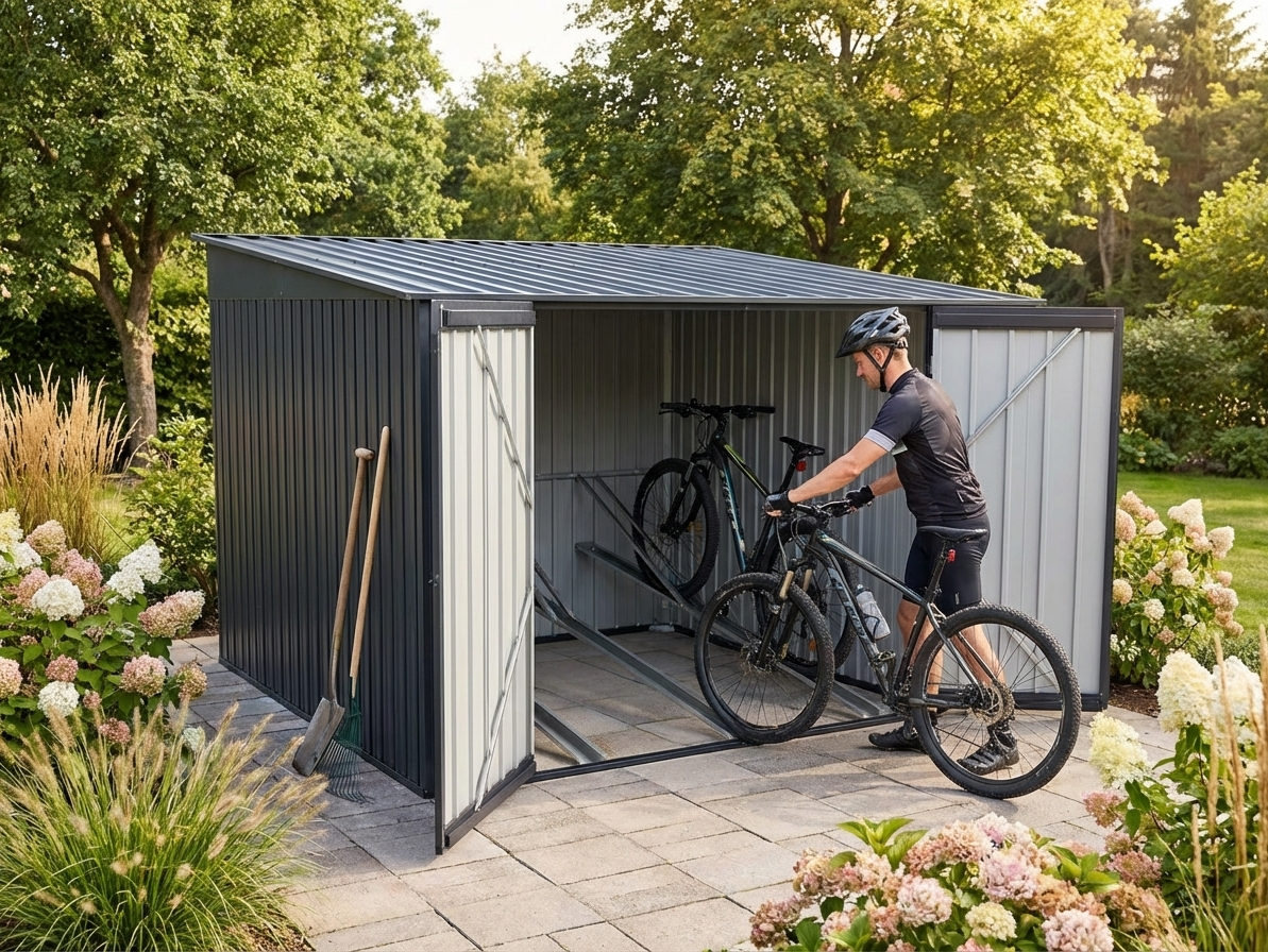 Metal bike shed in anthracite, outdoor storage solution
