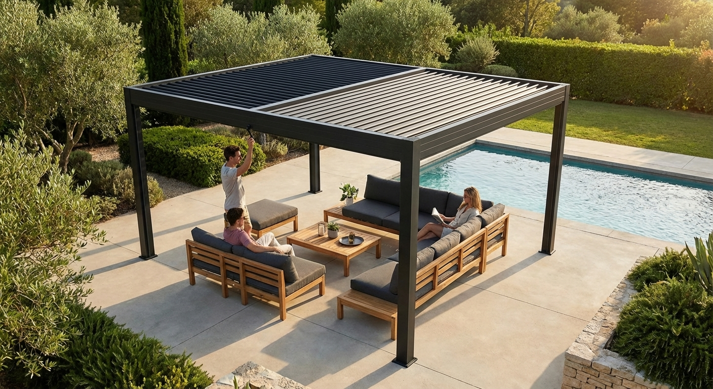 Bioclimatic pergola gazebo in black, 4x4 m, aluminium frame - view 3