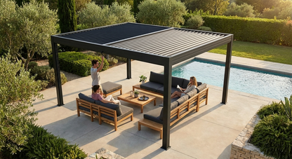 Bioclimatic pergola gazebo in black, 4x4 m, aluminium frame - view 3
