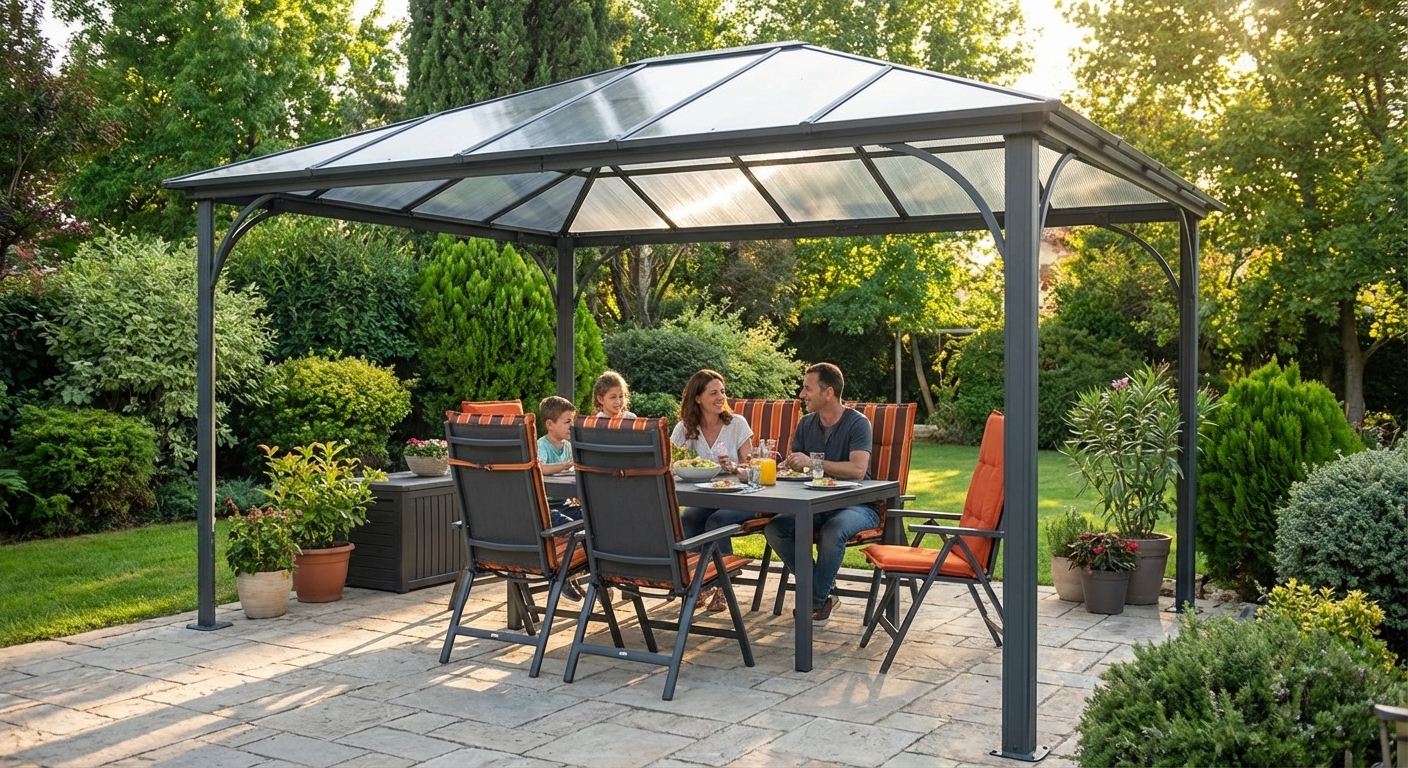 Anthracite gazebo outdoor shelter with aluminium and polycarbonate construction