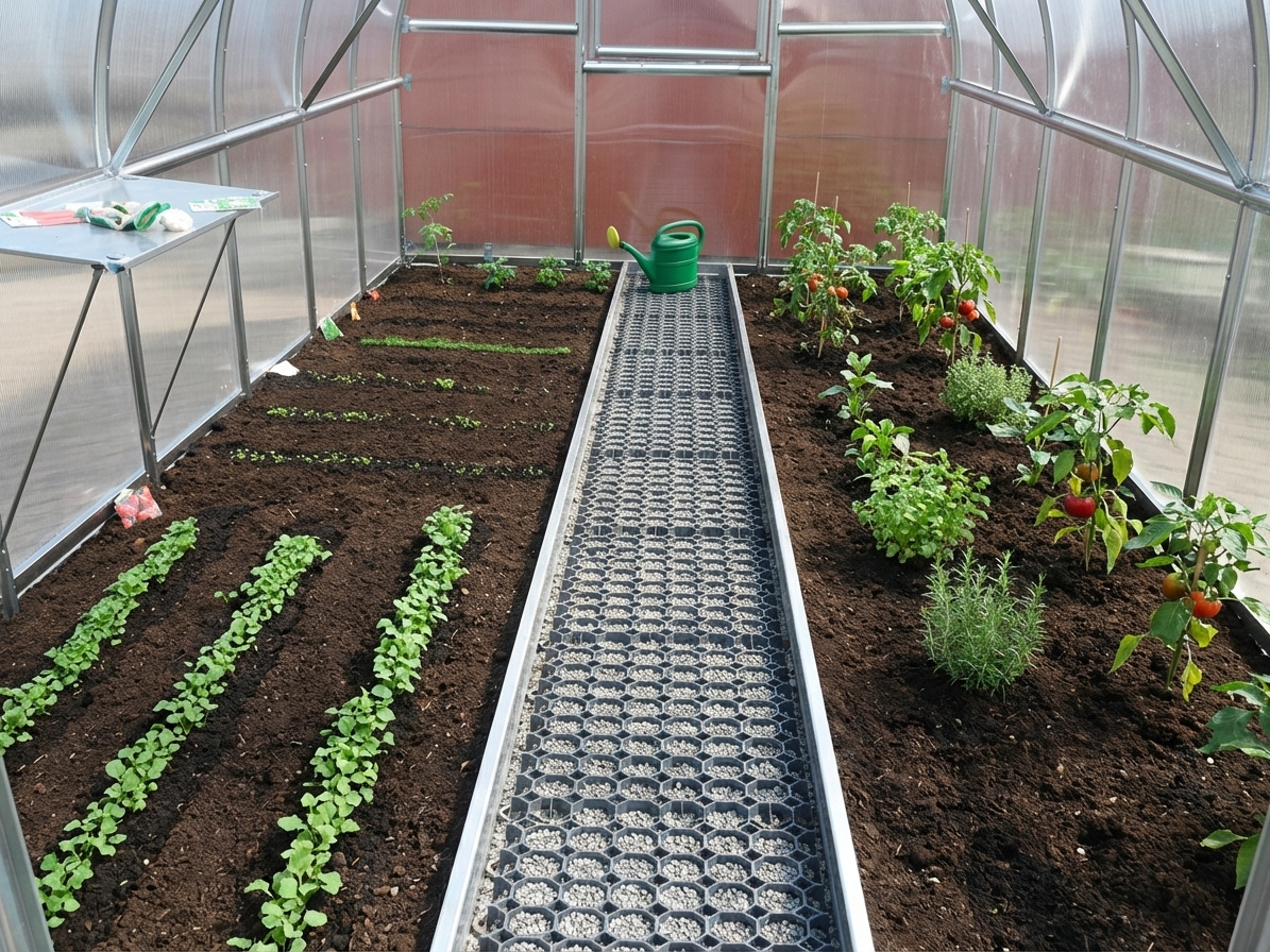 Greenhouse track separator with ground reinforcement grids