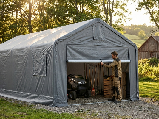 Grey polyethylene storage shelter end wall 4x10 m