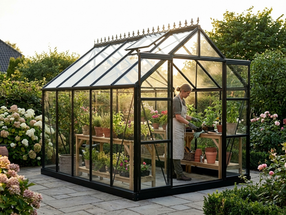 Greenhouse glass with black aluminium frame in garden setting - view 3