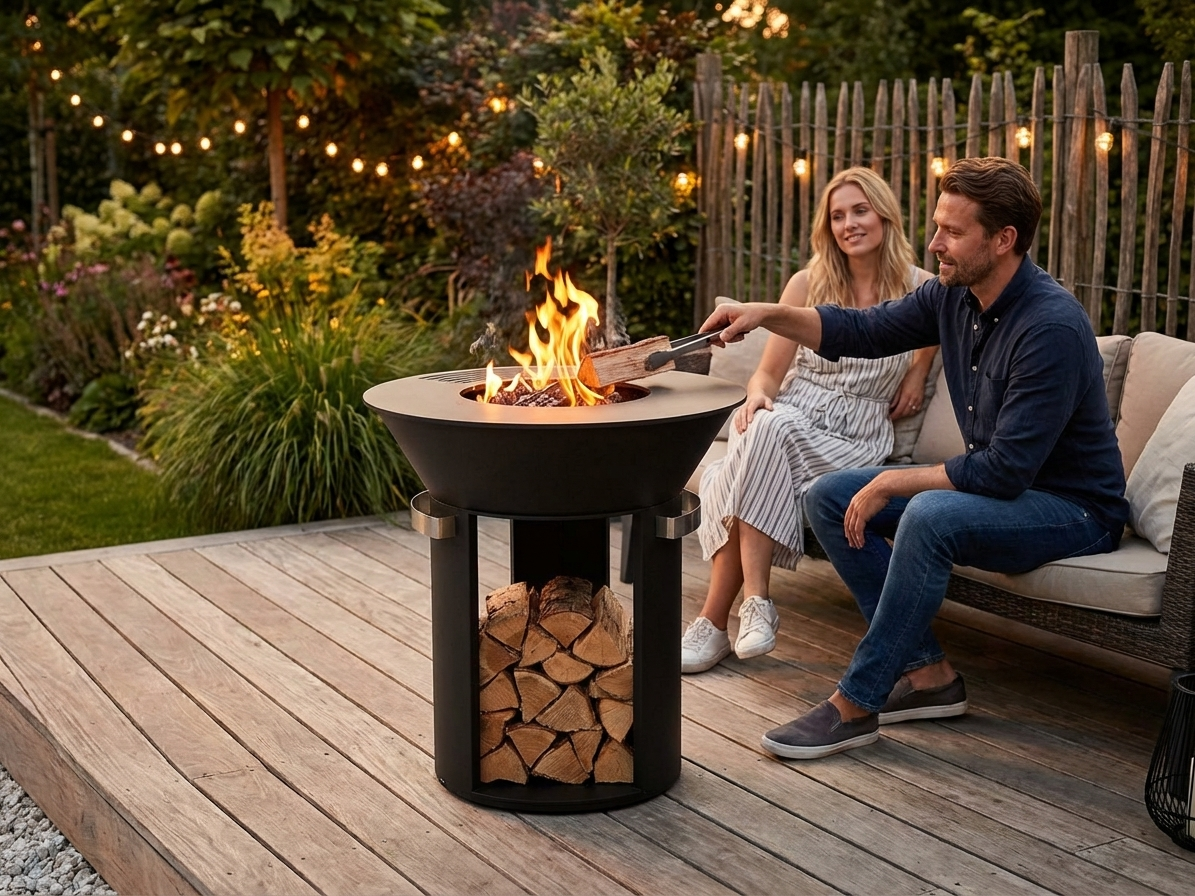 Black fire bowl with wood storage made of carbon steel