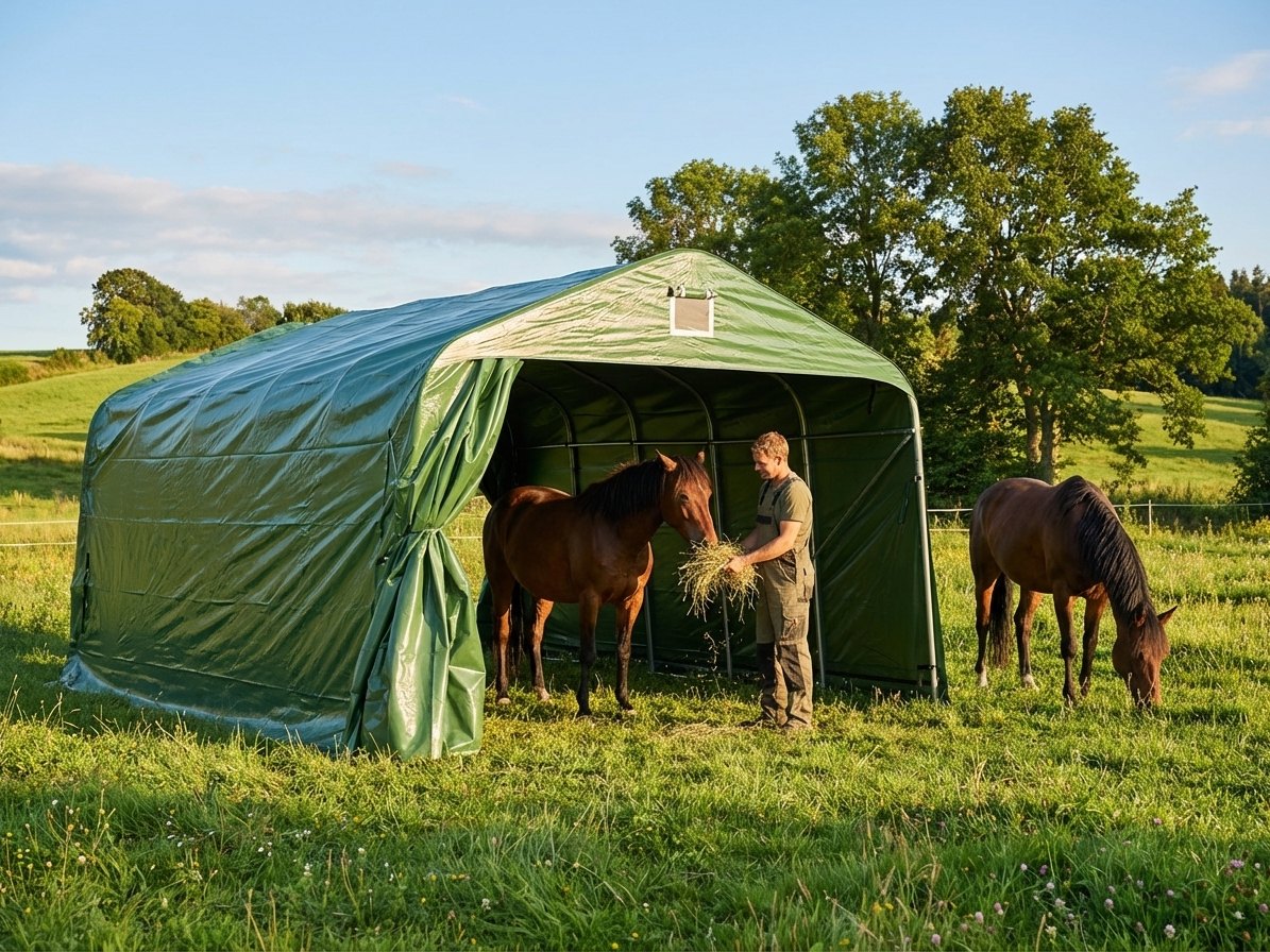 Green PVC livestock shelter with galvanised steel frame, perfect for outdoor protection