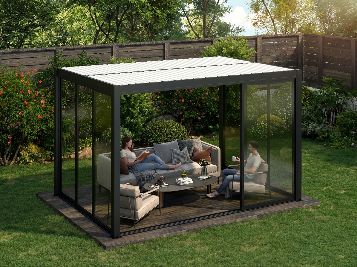 Bioclimatic pergola gazebo in black and white with aluminium and glass
