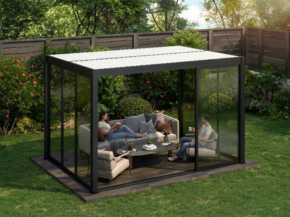 Bioclimatic pergola gazebo in black and white with aluminium and glass