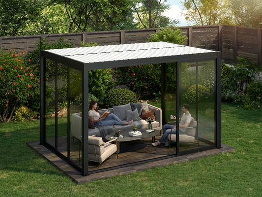 Bioclimatic pergola gazebo in black and white with aluminium and glass