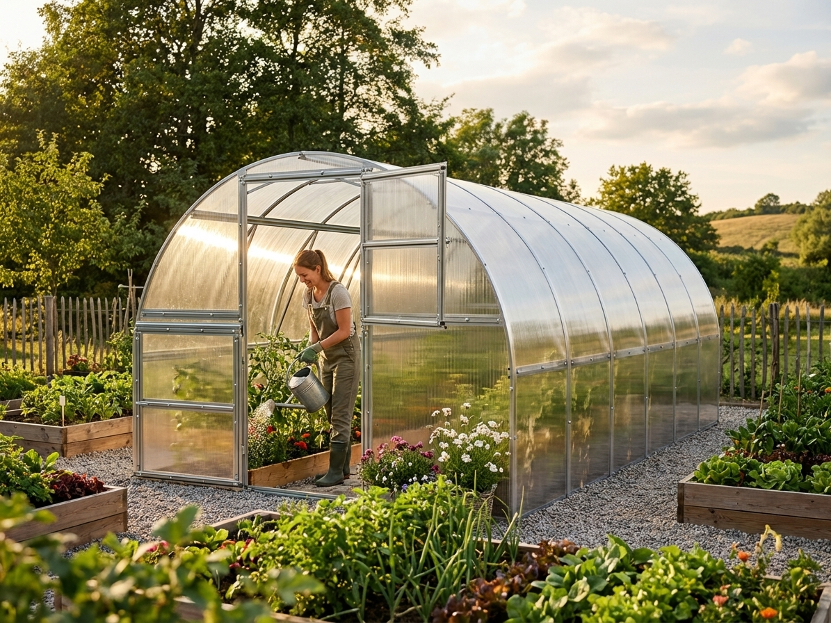 Polycarbonate greenhouse with galvanised steel frame in silver