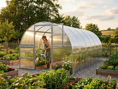 Polycarbonate greenhouse with galvanised steel frame in silver