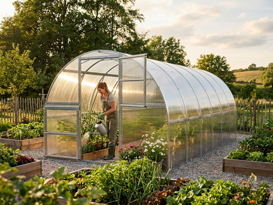 Polycarbonate greenhouse with galvanised steel frame in silver