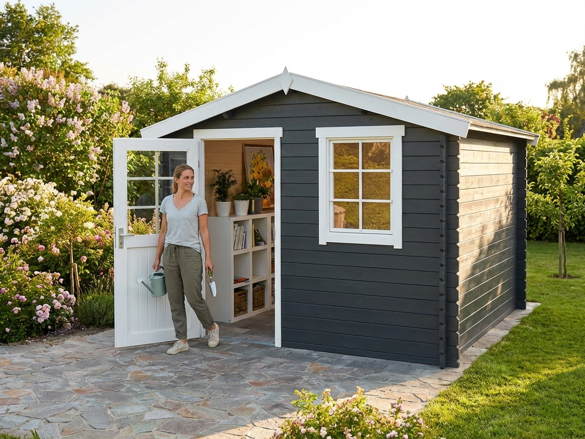 Wooden shed in dark grey constructed from Nordic Spruce