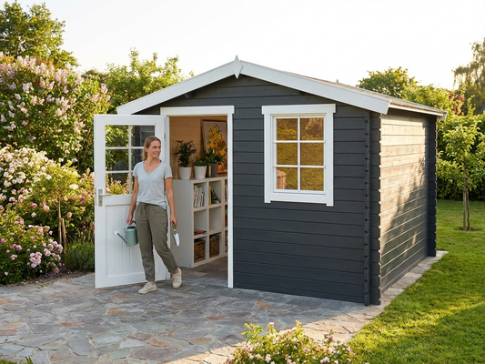 Wooden shed in dark grey constructed from Nordic Spruce