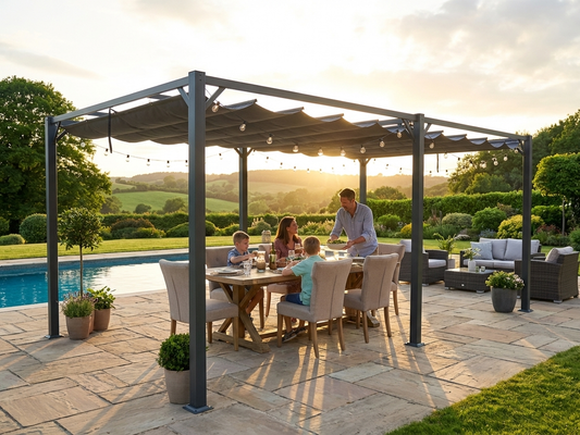 Dark grey pergola gazebo with aluminium frame, outdoor use