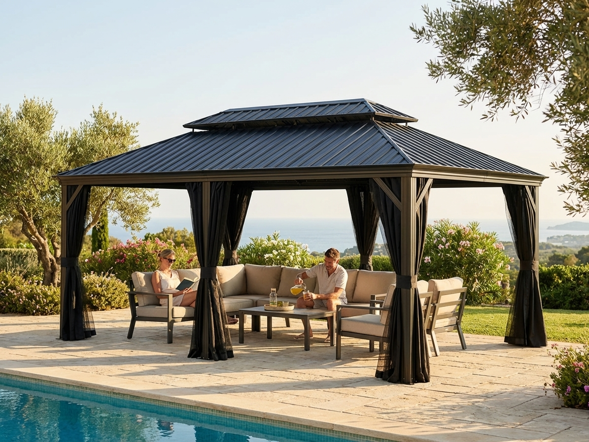 Black gazebo with aluminium frame and steel roof, 3.65x6m - view 3