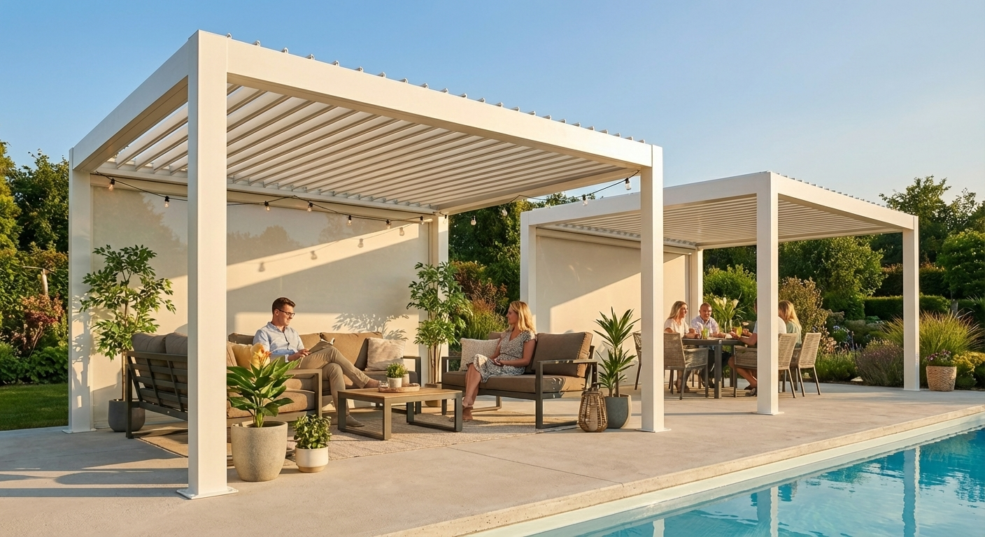 Bioclimatic Pergola Gazebo in White Aluminium for Outdoor Use