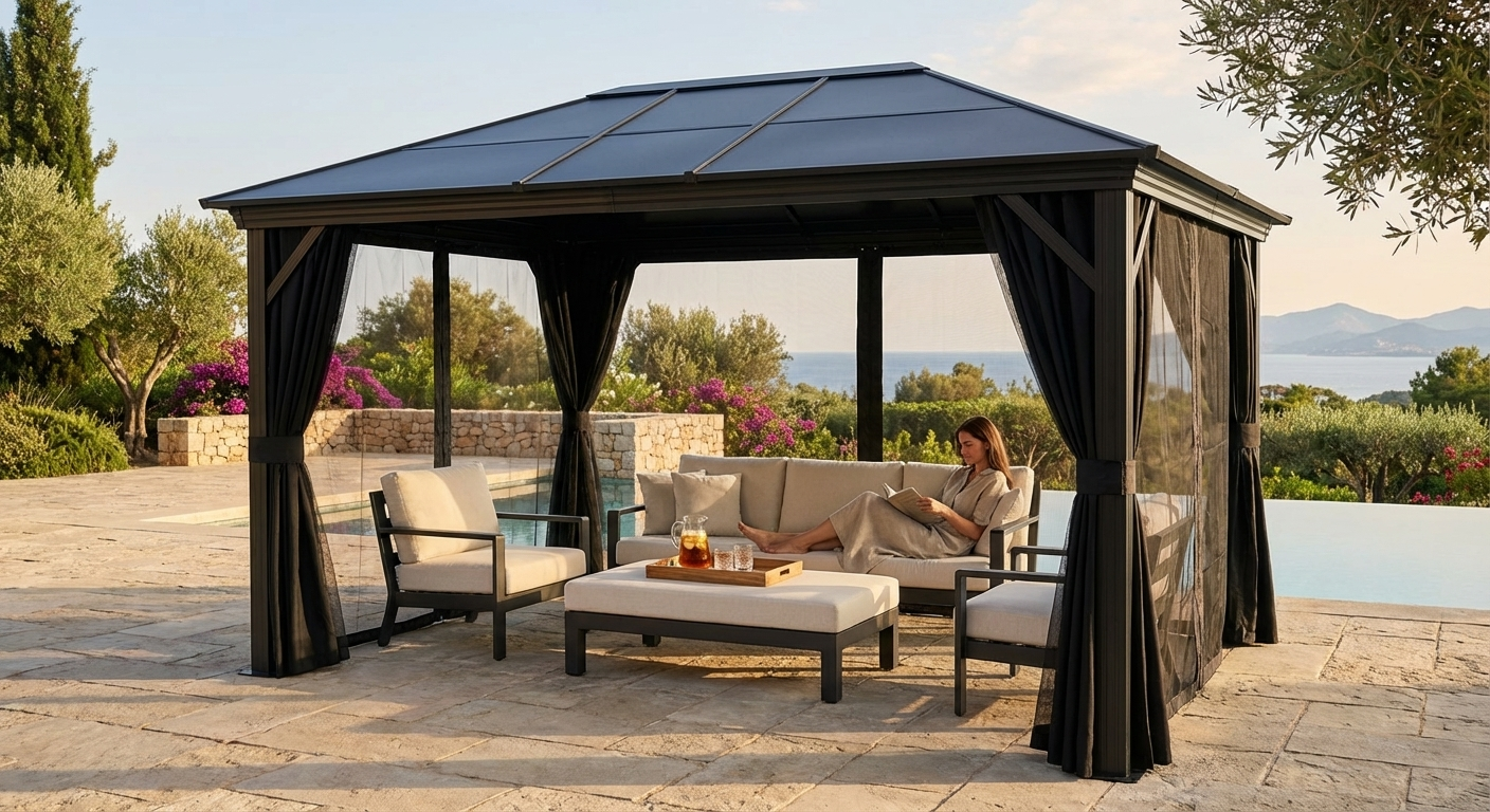 Black Aluminium Gazebo 3x4 m with Curtains for Outdoor Use - product detail