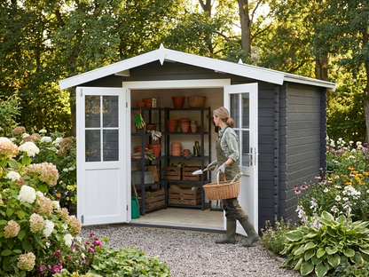 Dark grey wooden shed with double doors for garden storage