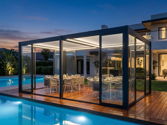 Bioclimatic pergola gazebo with sliding doors in black and white - product detail