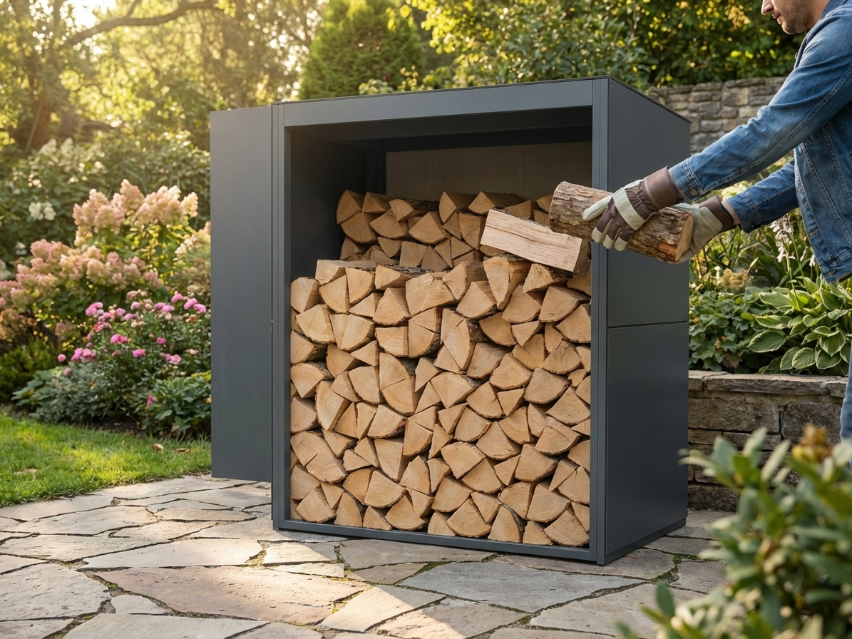 Wood storage unit in grey, made of Nordic Spruce and HPL for garden use - view 3