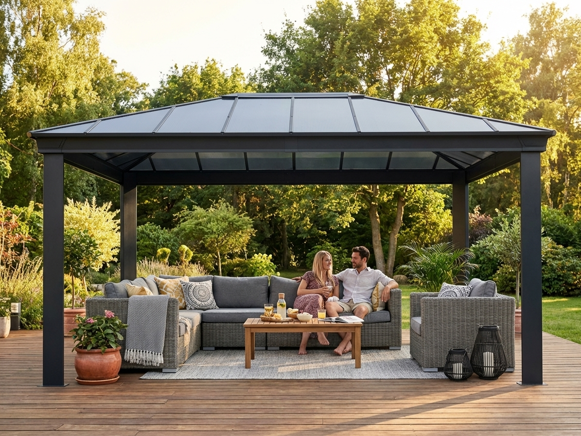 Gazebo with anthracite aluminium frame and polycarbonate roof