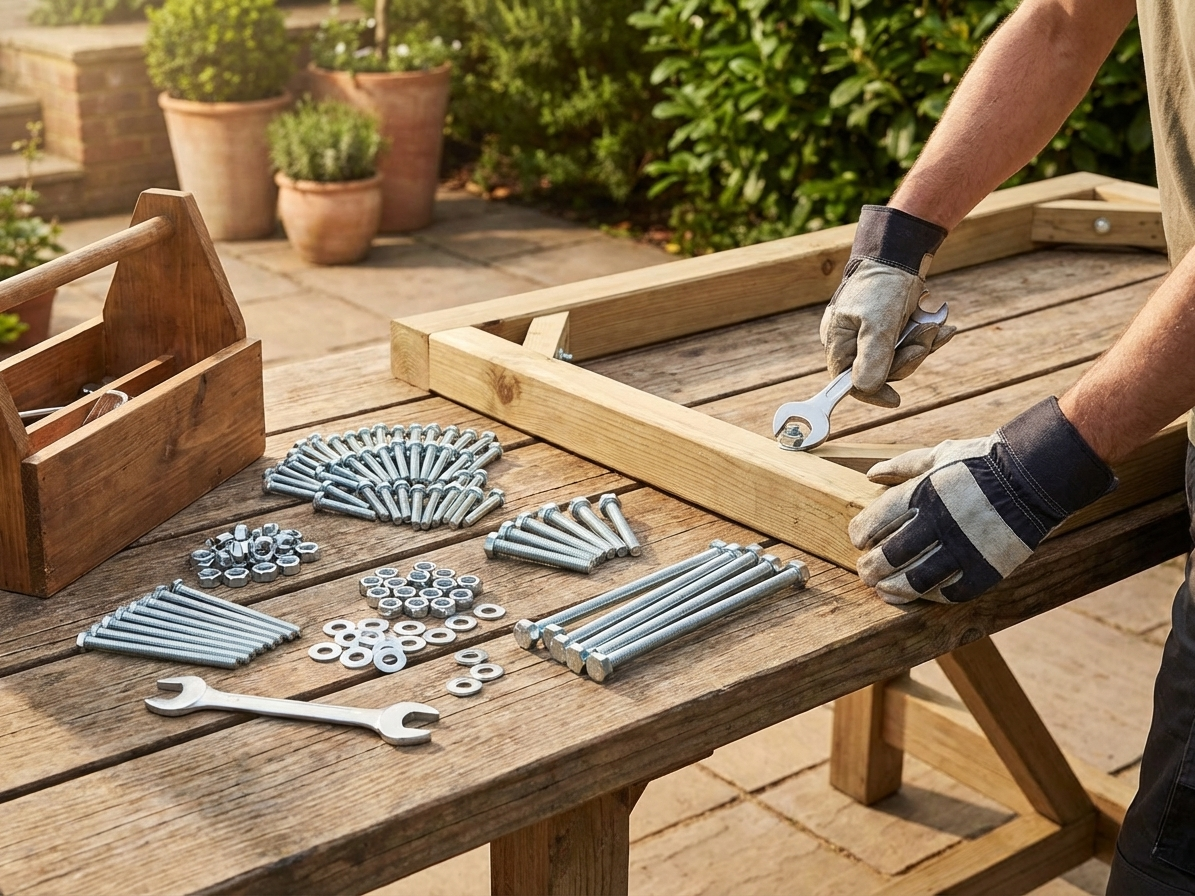 Steel bolts and nuts set with spanners in silver