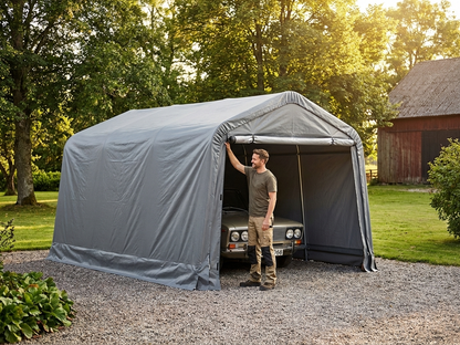 Portable garage roof cover in grey, size 3.6x4.8m, made from strong polyethylene tarpaulin - product detail