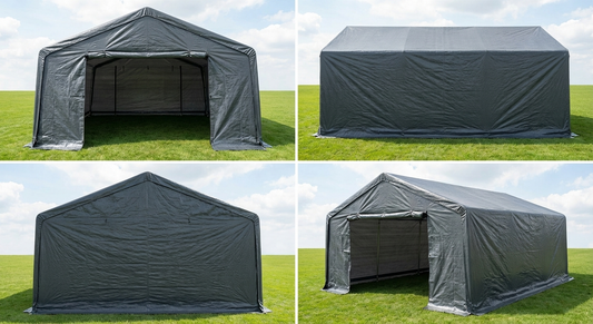 Grey outdoor storage tent with galvanised steel frame - product detail