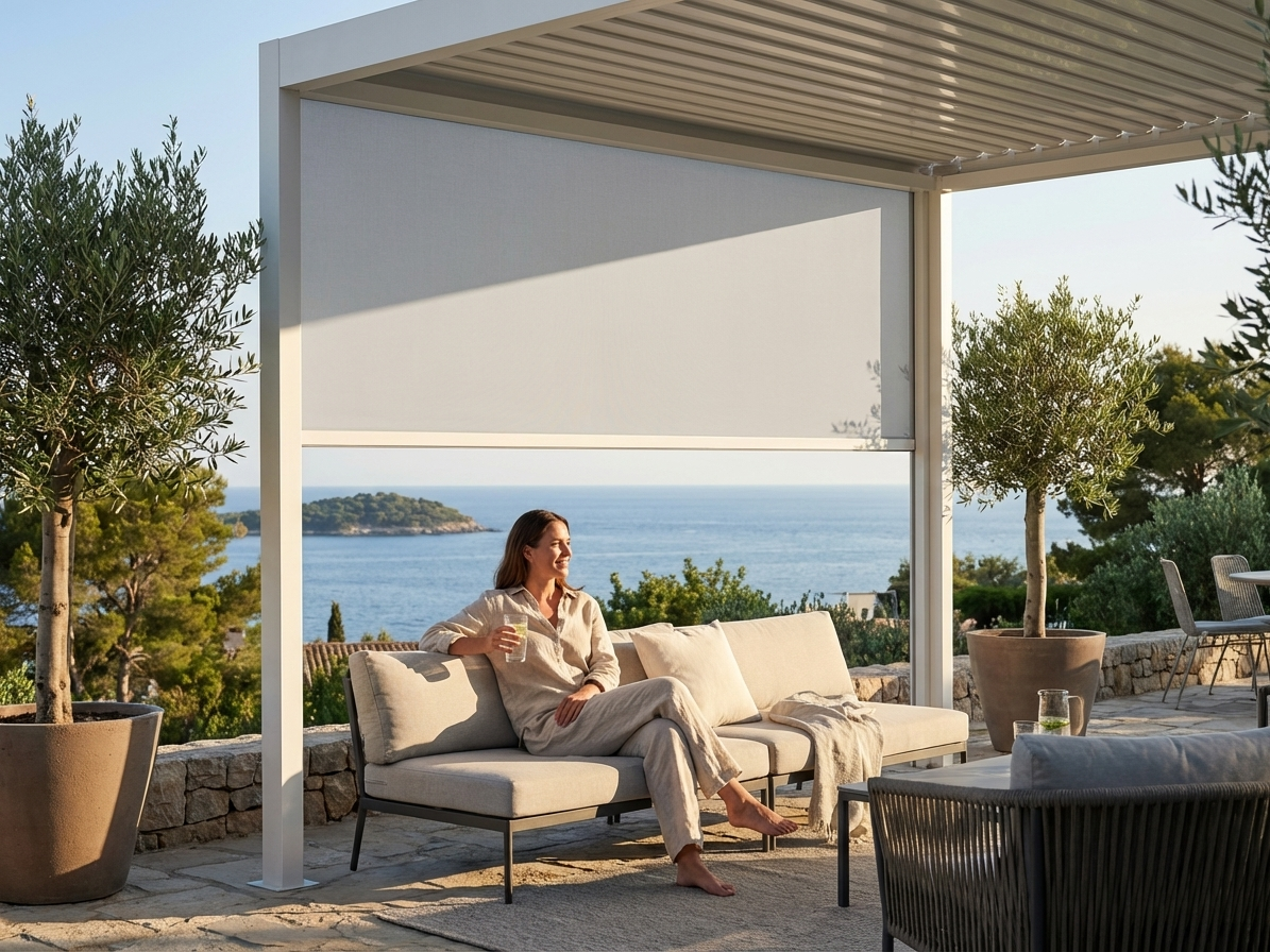 Pergola Sidewall Screen in White and Grey for Outdoor Use