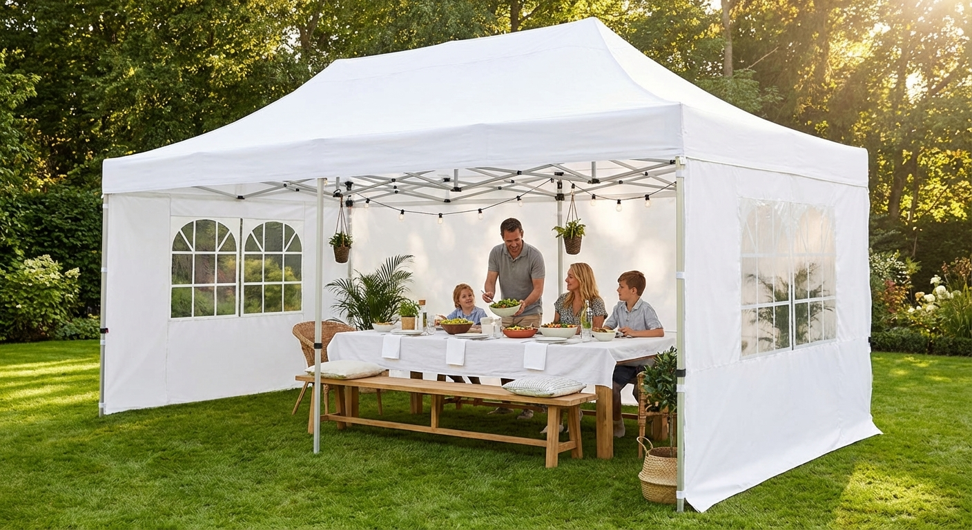 White pop-up gazebo 6x6m with aluminium frame for outdoor events