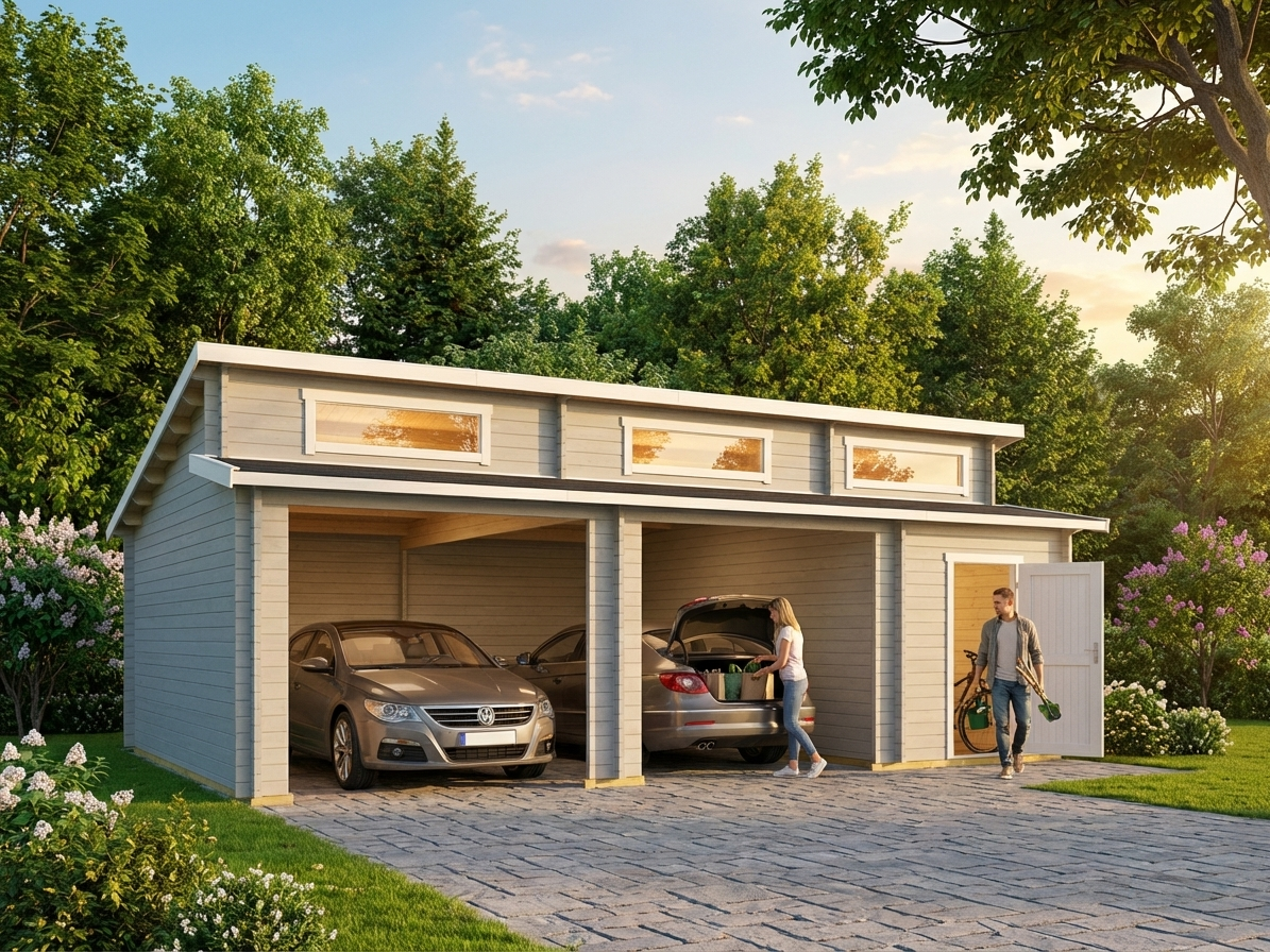 Wooden double garage in light grey made from Nordic Spruce - view 3