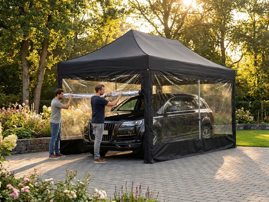 Folding garage carcover in black with steel frame for outdoor protection