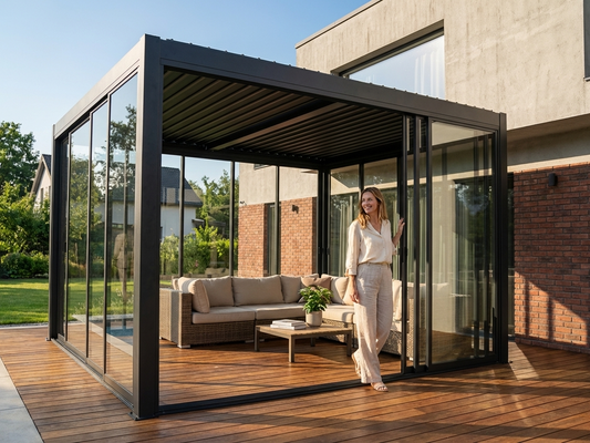 Sliding door set with 3m width, black tempered glass and aluminium frame