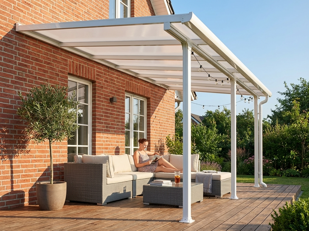 White aluminium and polycarbonate patio cover for outdoor use