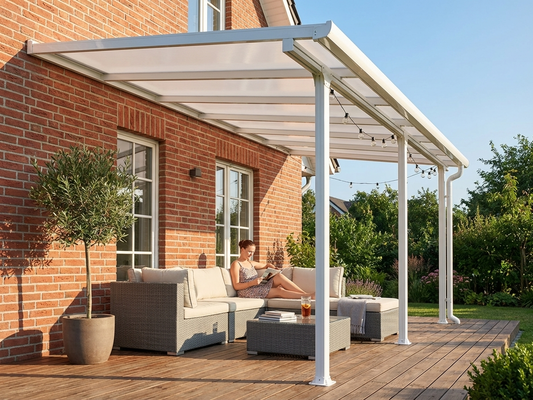White aluminium and polycarbonate patio cover for outdoor use