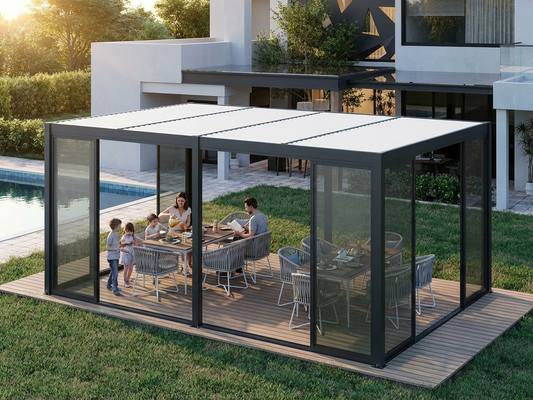 Bioclimatic pergola gazebo with sliding doors in black and white