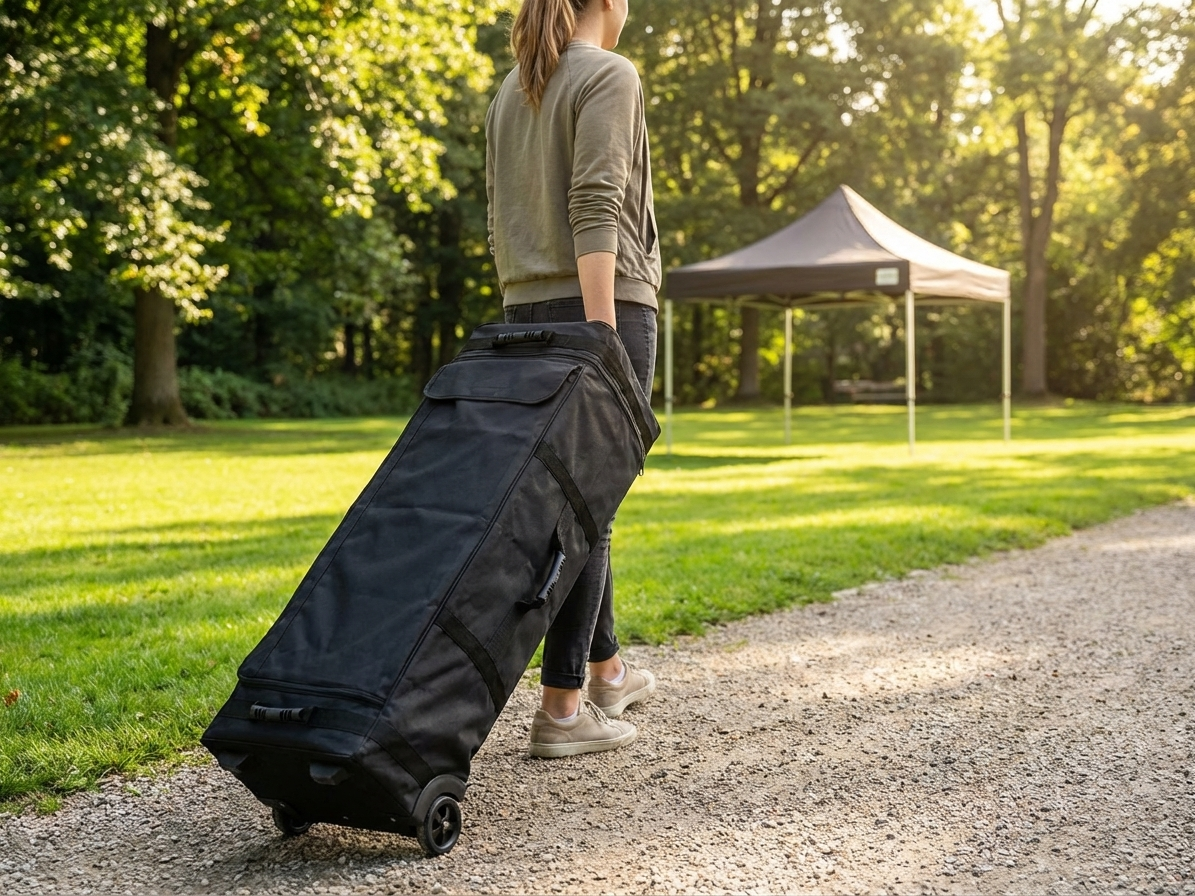 Black carry bag with wheels for easy transport, 2.5x2.5 m size