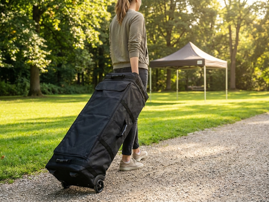 Black carry bag with wheels for easy transport, 2.5x2.5 m size