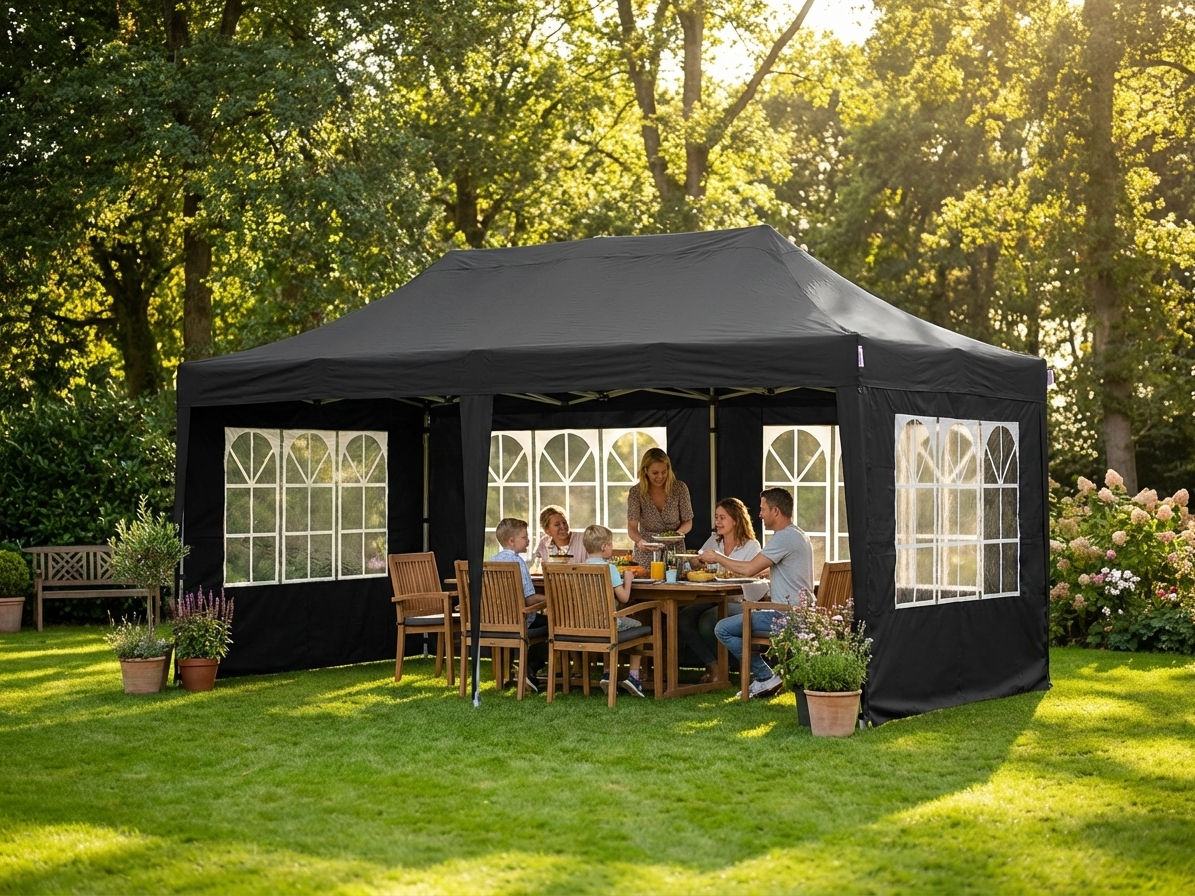 Black pop up gazebo with steel frame, ideal for outdoor events - product detail